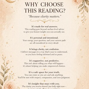 May include: A beige and gold graphic with the text "WHY CHOOSE THIS READING?" and "Because clarity matters." The image includes floral and celestial design elements, with text describing the benefits of a reading.