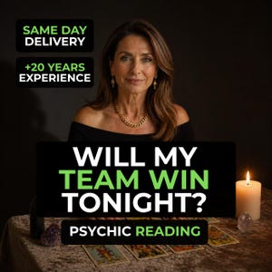 May include: A psychic reading service advertisement featuring a person with brown hair wearing a black off-the-shoulder top and gold chain necklace. Text reads: SAME DAY DELIVERY, +20 YEARS EXPERIENCE, WILL MY TEAM WIN TONIGHT? PSYCHIC READING.