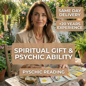 May include: A woman in a tan blazer sits at a wooden table with tarot cards, a compass, and a crystal. The image includes text that reads "Spiritual Gift & Psychic Ability" and "Psychic Reading."