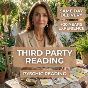 Könnte beinhalten: Eine Frau in einem beigen Blazer sitzt an einem Holztisch mit Tarotkarten, einem Kompass und einem Kristall. Der Text auf dem Bild lautet "THIRD PARTY READING" und "PYSCHIC READING". Zusätzlicher Text lautet "SAME DAY DELIVERY" und "+20 YEARS EXPERIENCE".