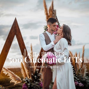 May include: A couple embraces in front of a wooden arch decorated with pampas grass and flowers. The image features the text "LUTS PRESETS 500 Cinematic LUTS 500+ Mobile & Desktop". The couple is dressed in formal attire, with the woman in a white dress.