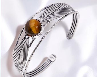 Pulsera tipo brazalete con ojo de tigre, pulsera ajustable de plata de ley 925, pulsera bohemia con piedras preciosas, joyería con diseño de hojas inspirada en la naturaleza.