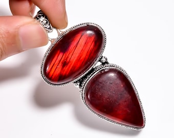 Red Flash Labradorite pendant in 925 sterling silver, dual-stone design necklace for her"