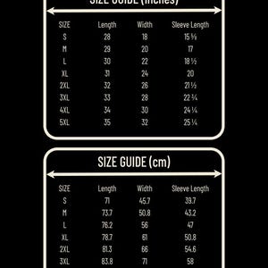 May include: Black graphic with size charts in inches and centimeters for various shirt sizes. The chart includes measurements for length, width, and sleeve length, with sizes ranging from S to 5XL.