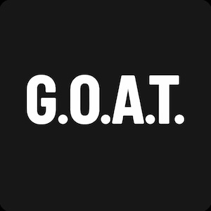 May include: A black square background with the white capital letters G.O.A.T. The letters are in a bold, sans-serif font. The acronym is followed by a period.