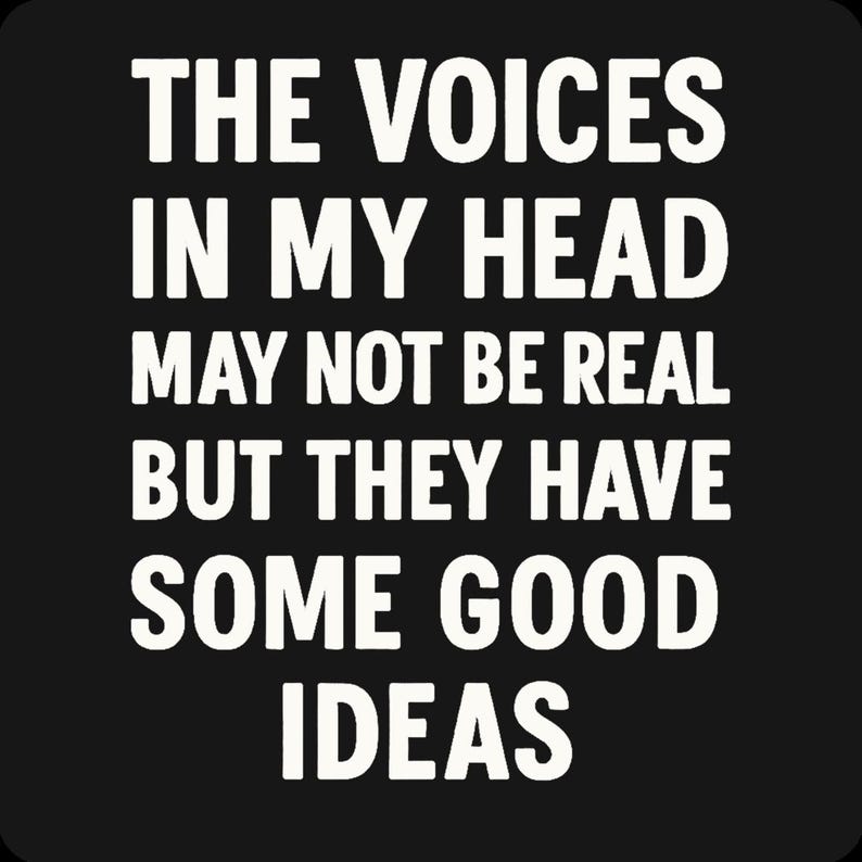 May include: Black background with white text that reads: "THE VOICES IN MY HEAD MAY NOT BE REAL BUT THEY HAVE SOME GOOD IDEAS."
