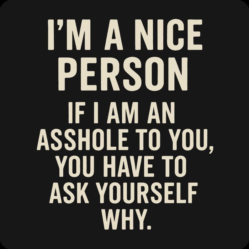 May include: Black background with white text that reads: "I'M A NICE PERSON IF I AM AN ASSHOLE TO YOU, YOU HAVE TO ASK YOURSELF WHY."