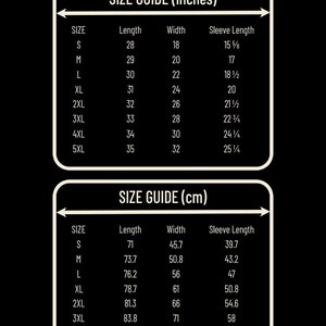 May include: Black graphic with size charts in inches and centimeters for various shirt sizes. The chart includes measurements for length, width, and sleeve length, with sizes ranging from S to 5XL.