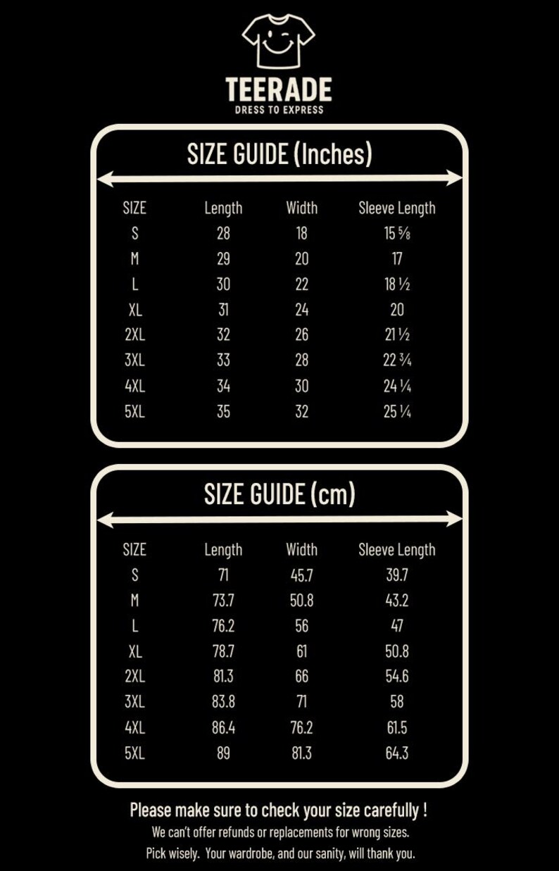 May include: Black graphic with size charts in inches and centimeters for various shirt sizes. The chart includes measurements for length, width, and sleeve length, with sizes ranging from S to 5XL.