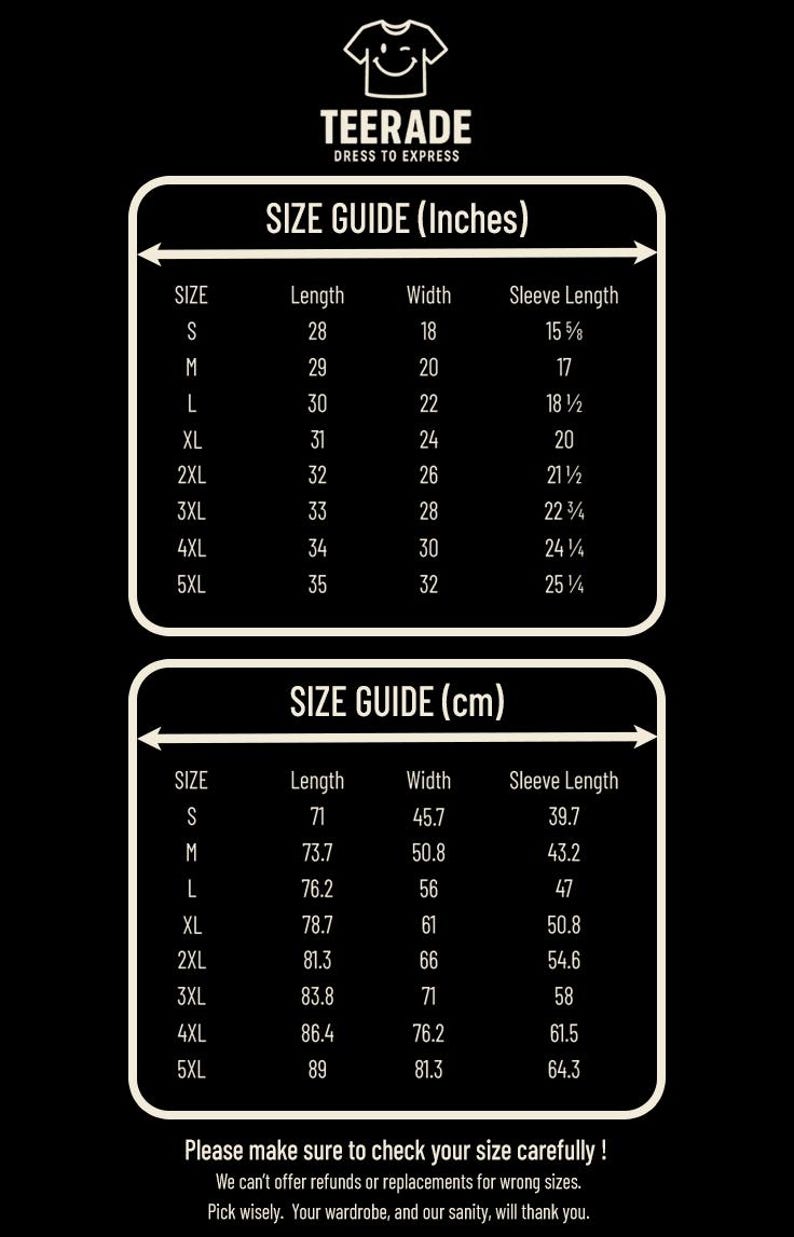 May include: Black graphic with size charts in inches and centimeters for various shirt sizes. The chart includes measurements for length, width, and sleeve length, with sizes ranging from S to 5XL.
