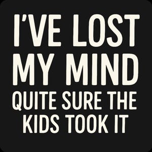 May include: Black background with white text that reads "I'VE LOST MY MIND QUITE SURE THE KIDS TOOK IT". The text is in a bold, sans-serif font. The image is a humorous statement.