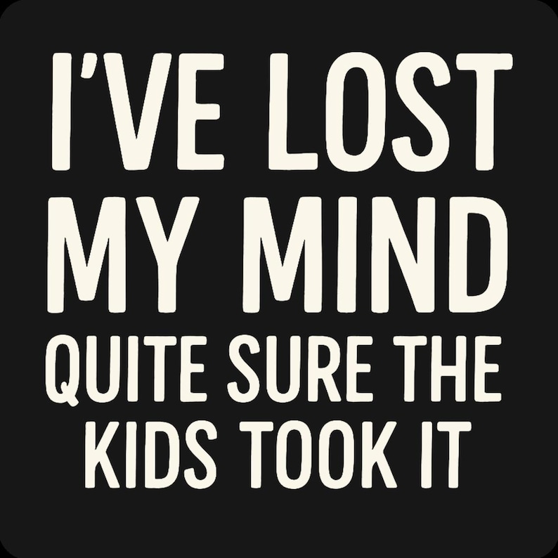 May include: Black background with white text that reads "I'VE LOST MY MIND QUITE SURE THE KIDS TOOK IT". The text is in a bold, sans-serif font. The image is a humorous statement.