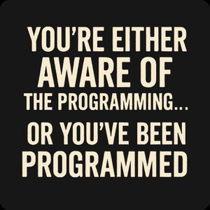 May include: Black background with white text that reads: "YOU'RE EITHER AWARE OF THE PROGRAMMING... OR YOU'VE BEEN PROGRAMMED."