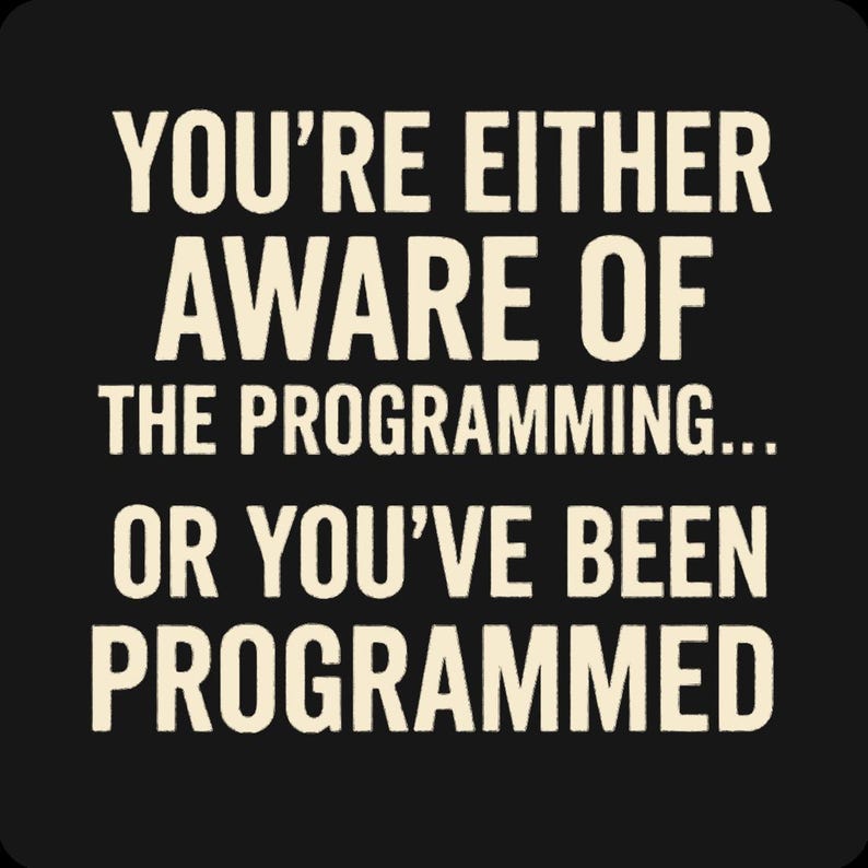 K&ouml;nnte beinhalten: Schwarzer Hintergrund mit wei&szlig;em Text: "YOU'RE EITHER AWARE OF THE PROGRAMMING... OR YOU'VE BEEN PROGRAMMED."