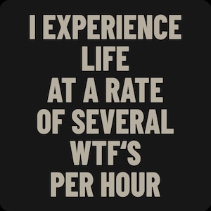 May include: Black background with the text "I EXPERIENCE LIFE AT A RATE OF SEVERAL WTF'S PER HOUR" in a light grey, bold font. The text is centered and takes up most of the image.