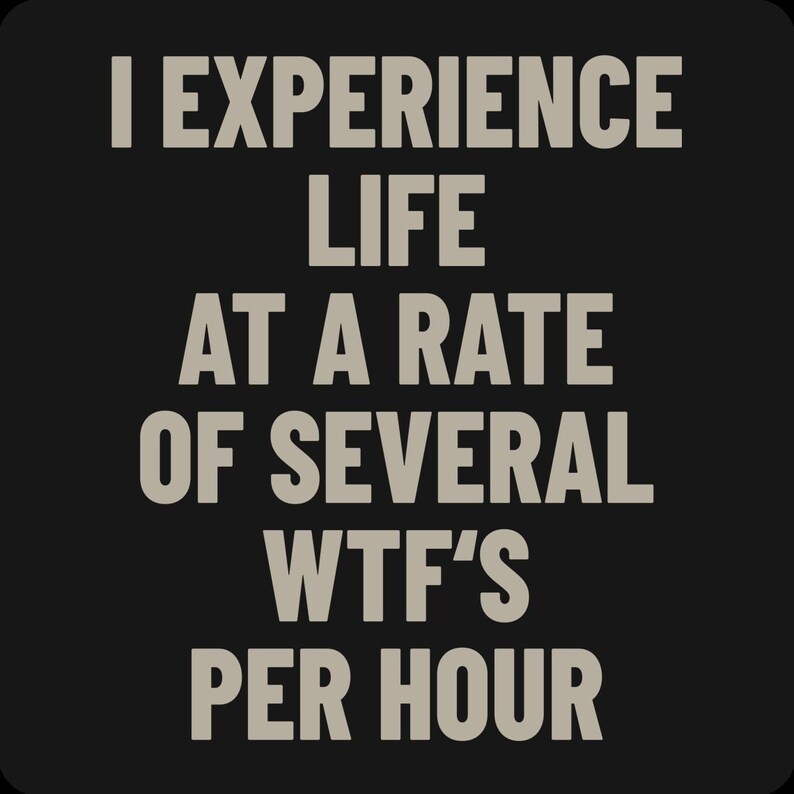 May include: Black background with the text "I EXPERIENCE LIFE AT A RATE OF SEVERAL WTF'S PER HOUR" in a light grey, bold font. The text is centered and takes up most of the image.