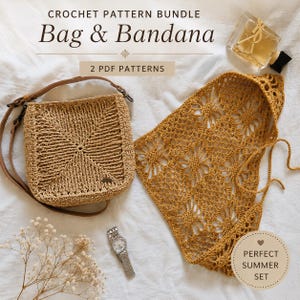 May include: A crochet pattern bundle for a bag and bandana featuring two PDF patterns. The image displays a tan crochet bag with a brown leather strap and a mustard yellow crochet bandana with a floral motif, alongside a perfume bottle and watch.