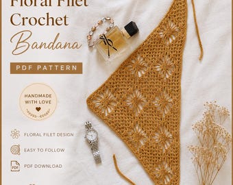 Floral Filet Crochet Bandana Pattern, Linen Head Scarf | English PDF Pattern