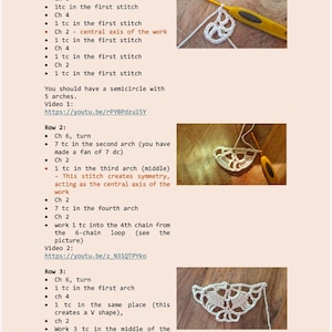 May include: Crochet pattern instructions with images. The text details the steps for creating a crochet design, including chain stitches, single crochet, and the creation of arches and fans. A crochet hook and white yarn are also visible.