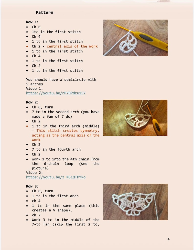 May include: Crochet pattern instructions with images. The text details the steps for creating a crochet design, including chain stitches, single crochet, and the creation of arches and fans. A crochet hook and white yarn are also visible.