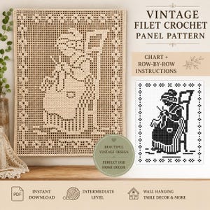May include: A beige filet crochet panel featuring a grid-based design of a person sitting in a chair and knitting. The image includes text reading VINTAGE FILET CROCHET PANEL PATTERN, CHART + ROW-BY-ROW INSTRUCTIONS, INSTANT DOWNLOAD, and INTERMEDIATE LEVEL.