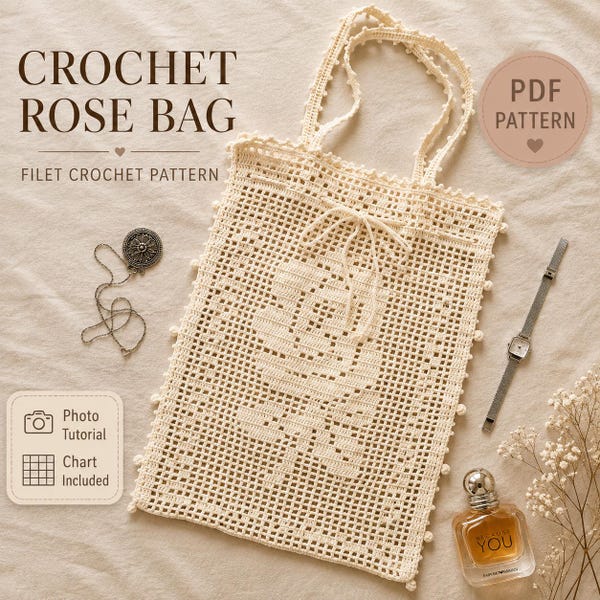 Crochet Rose Bag Pattern | Filet Crochet Tote Tutorial (English PDF)