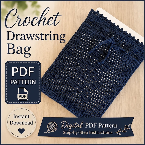 Crochet Project Bag Pattern | Rose Filet Drawstring Hook Organizer | English PDF Pattern