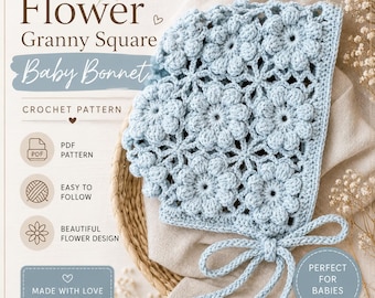 Flower Granny Square Baby Bonnet Crochet Pattern (PDF Download)