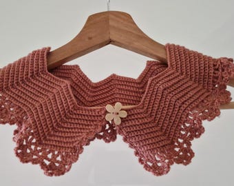 Handmade Merino Wool Crochet Collar, Terracotta Scalloped Peter Pan Collar