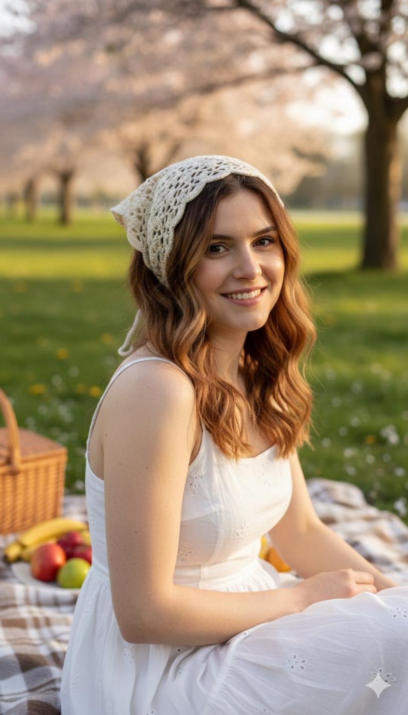 May include: A woman wearing a white eyelet dress and a cream-colored crocheted headscarf. She is sitting on a picnic blanket with a basket of fruit nearby. The background features a grassy area and trees.
