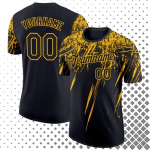 Camiseta personalizada del equipo: camiseta con salpicaduras de pintura negra y amarilla