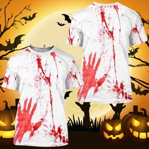 Halloween Blood Splatter T-Shirt, Bloody Handprint Horror Costume Shirt, Scary Graphic Tee