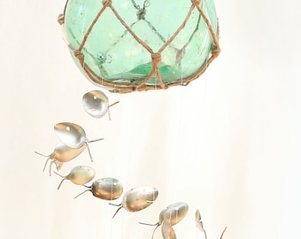 Authentic Large Antique Fishing Float, Hand Blown Green Blue Glass Buoy Ball, Nautical Windchime, Swimming Silver Spoon Fish Wind Chimes