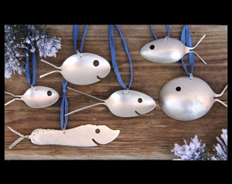 School Of Six Silver Plate Spoon Fish Ornaments, Upcycled Flatware Utensils, Spoonfish Artwork, Unique Christmas Gifts, Beach House Ornament