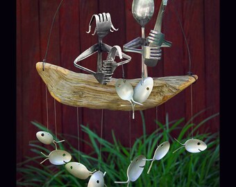 Husband Wife Spoon Fish Windchime Gone Fishing Engagement Wedding Anniversary Present Memorial Gift Couple in Boat-- Add Dog/Cat