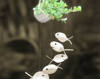 Silver Cup Succulent Planter And Spoon Fish Wind Chime Comes Ready To Hang, Hanging Planter, Metal Garden Art, Window Planter