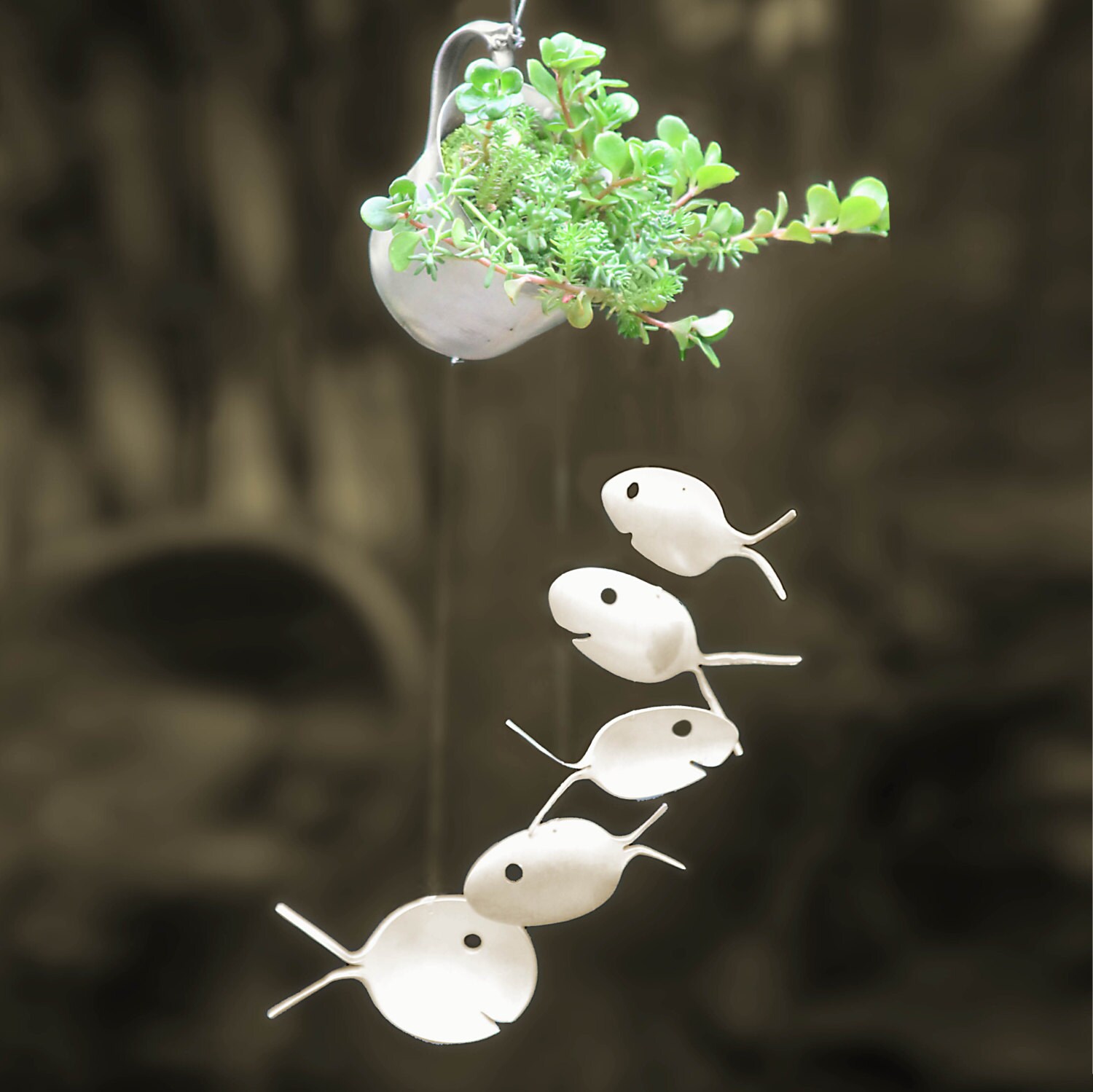 Tasse en Argent Succulent Planter et Cuillère Fish Wind Chime Est Prêt à Pendre, Jardinière Suspendu