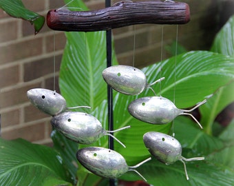 Silver Spoon Fish & Driftwood Windchimes, 5th Anniversary Gift for the Fishing Loving Couple, Best Catch of the Season, Log Cabin Decoration