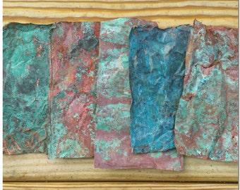 Aged Verdigris Copper Sheet Sample Pack Including Different Patinas - Blue Green Aqua Copper Crafting Material - Metal Working Art Supplies
