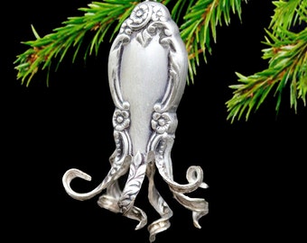 Ornamental Octopus Ornaments! Coastal Christmas Perfection! Holloware Knife Handle Crafted Ornate Tentacled Silver Beauty, Gift To Treasure