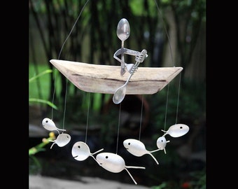Canoe/Paddle Boat Windchime w/ Fork Woman or Spoon Man, Add Family Pet, Father's Day/Mother's Day, Birthday, Christmas, Housewarming Present