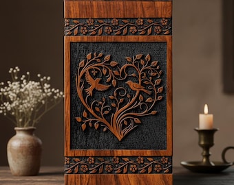 Urna de cremación de palisandro artesanal / Grabado de corazón y pájaros