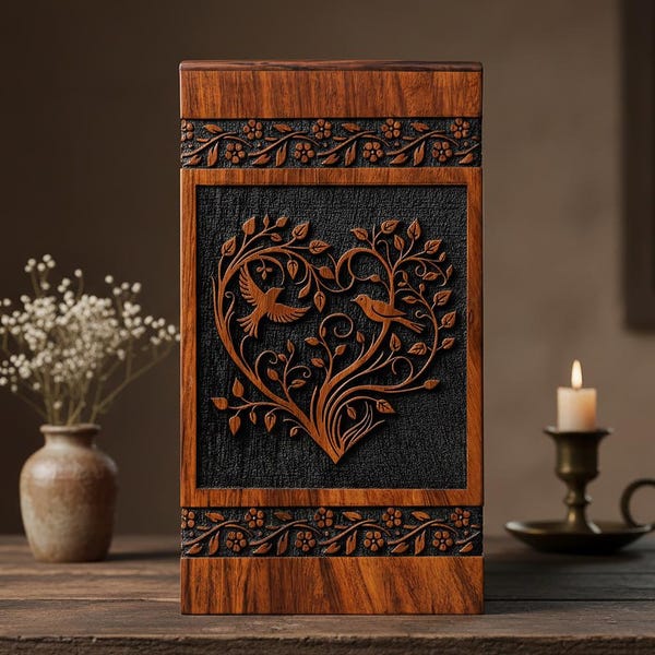 Handcrafted Rosewood Cremation Urn | Heart & Birds Engraving