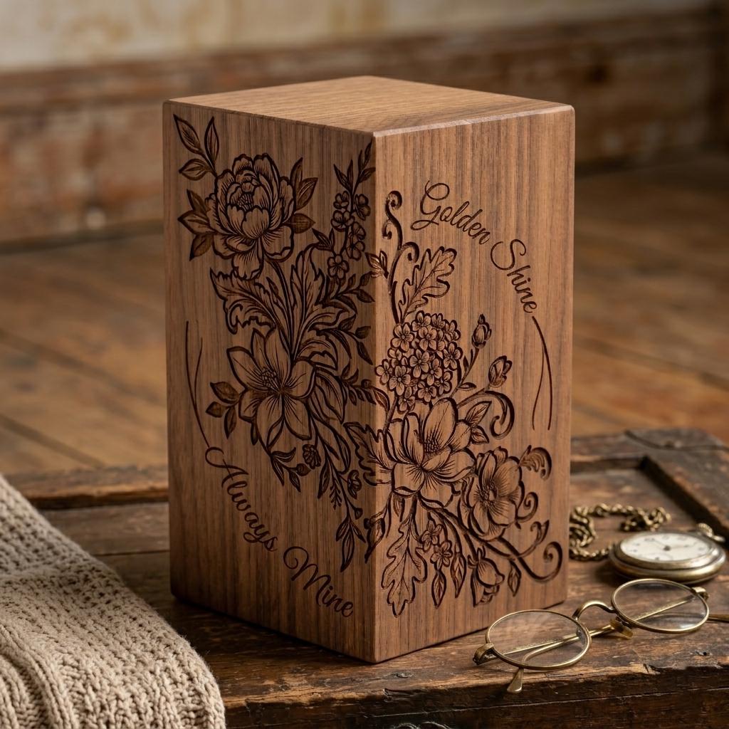 Handcrafted Wooden Urn Box – Floral Engraving, Personalized Memorial ...