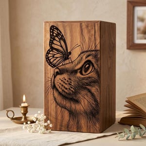 Puede incluir: Una urna rectangular de madera con una ilustración grabada con láser de un gato mirando hacia arriba a una mariposa posada en su nariz. La veta natural de la madera es visible en toda la superficie, mostrando un tono marrón claro y cálido.