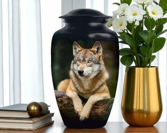 Könnte beinhalten: Schwarze Urne mit einem detaillierten Bild eines Wolfes, der auf einem Baumstamm ruht. Der Wolf hat braunes und beiges Fell vor einem dunkelgrünen Hintergrund. Die Urne steht auf einer Holzoberfläche.