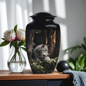 Peut inclure: Un urne noire avec une image détaillée d'un loup gris se reposant dans une forêt. L'urne a une forme arrondie avec un couvercle. L'arrière-plan comprend un vase de fleurs blanches et roses.