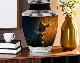 Mythology-Inspired Cremation Urn for Ashes Norse God Tribute Memorial Urn Handcrafted Metal Funeral Keepsake with Warrior Design Pet Urn box