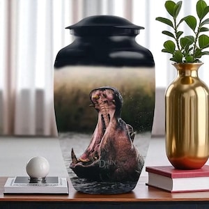 Hippo Cremation Urn for Human Ashes Powerful Wildlife Memorial Urn Black Metal Funeral Keepsake River Animal Decorative Urn Box for Adults