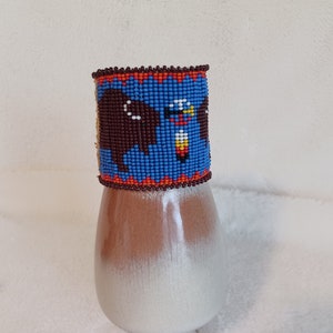 Loom beaded Buffalo & Medicine wheel cuff bracelet with leather backing